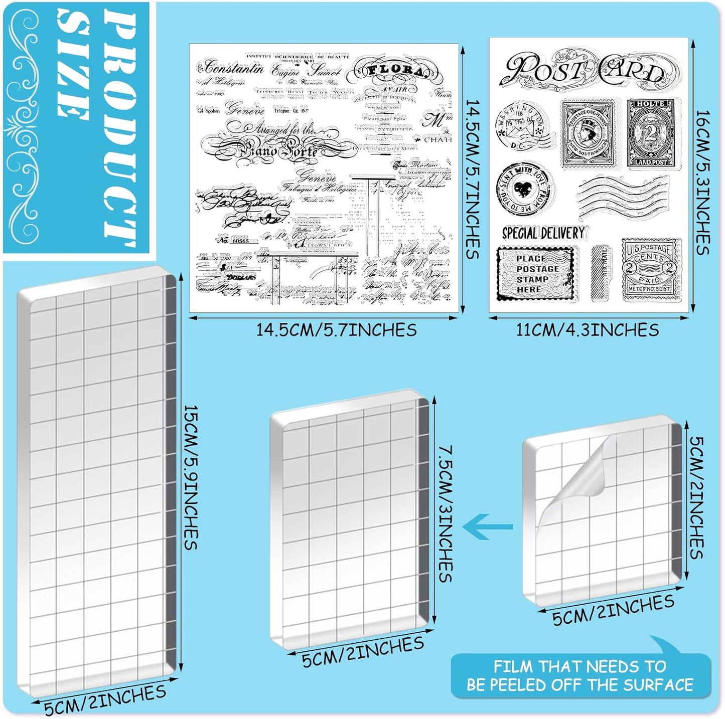 Yinder 7 Pcs Vintage Rubber Clear Stamps Set 4 Sheet Transparent Postage Silicone Stamps 3 Pcs Acrylic Stamp Block Tools with Grid Lines Rubber Craft Supplies for DIY Scrapbooking Journaling