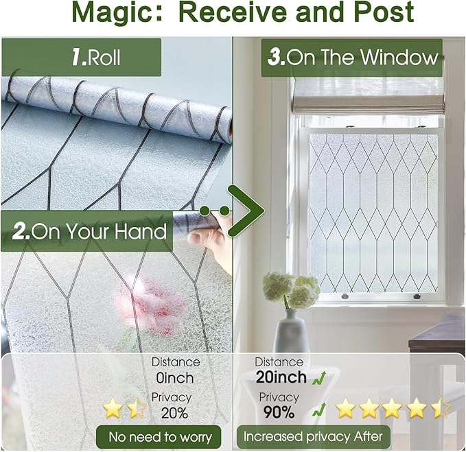 Windimiley Window Privacy Film Stained Glass Static Clings, Bathroom Frosted Leaded Decorative Window Stickers, UV Heat Blocking Opaque Removable for Home Door Coverings (17.5 x 78.8in,Pure)