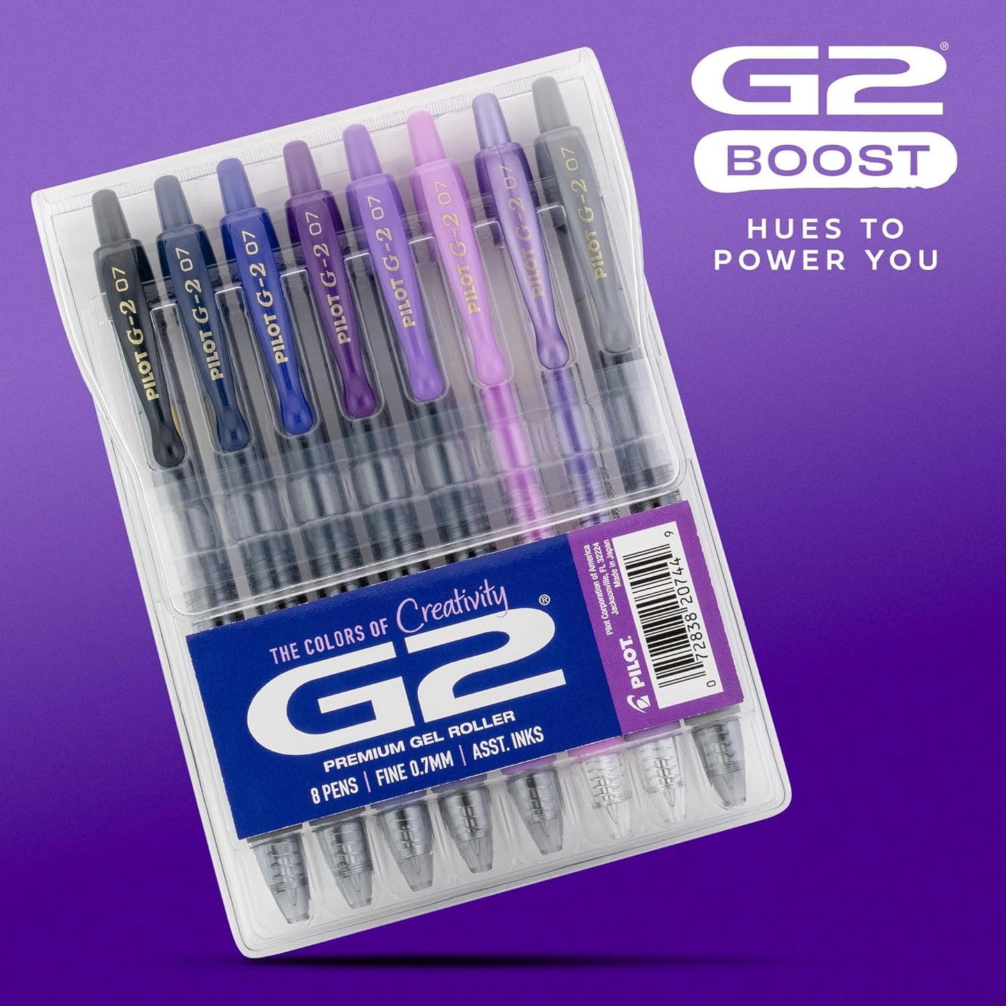 Pilot G2 Premium Gel Roller Pens, Fine Point Gel Pens, Boost Purple Pack, The Colors of Creativity, 8-Pack Pouch, 0.7 mm, Assorted - Ideal for School, Journaling, & Office Writing