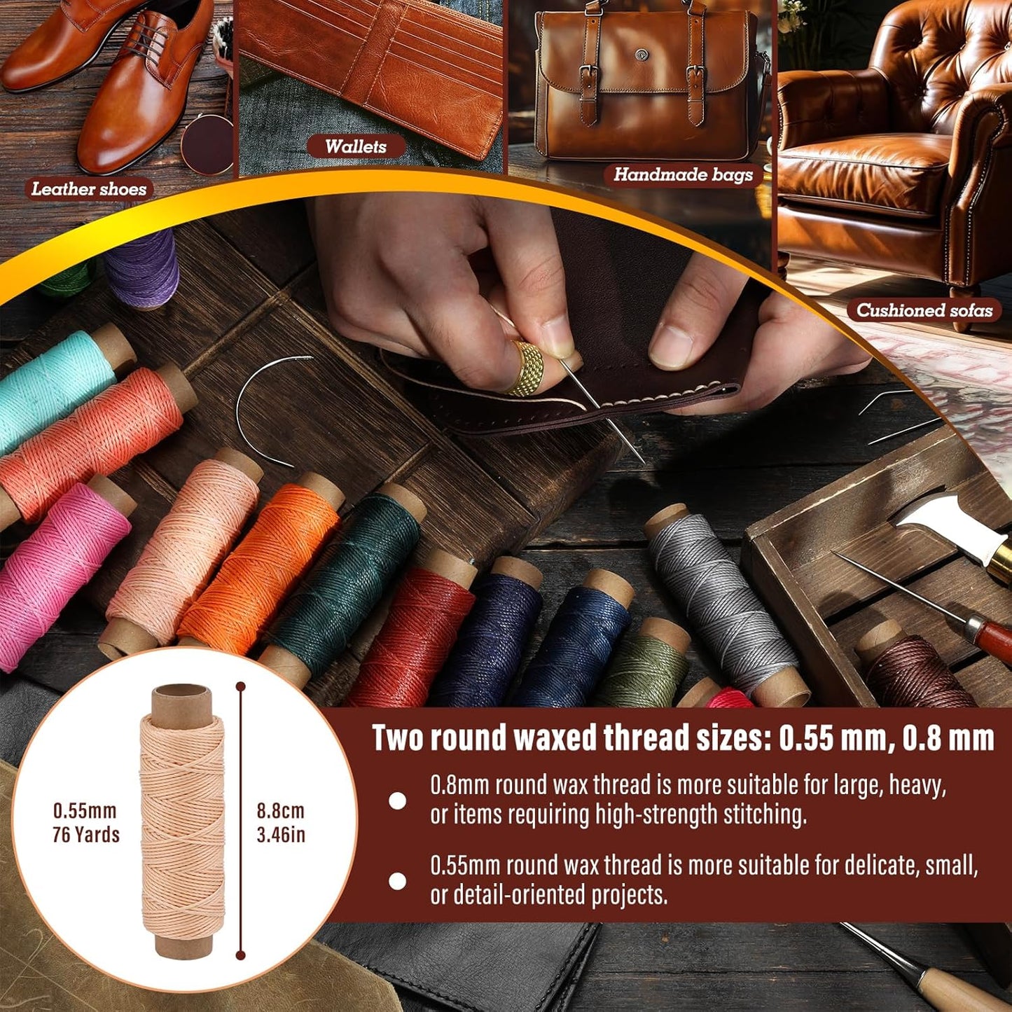 0.55 mm Round Waxed Thread, 14 Colors 76 Yards Spool Wax Coated String, Leather Sewing Waxed Thread for Sewing, Stitching, Beading, Bookbinding, Braiding, Bracelet