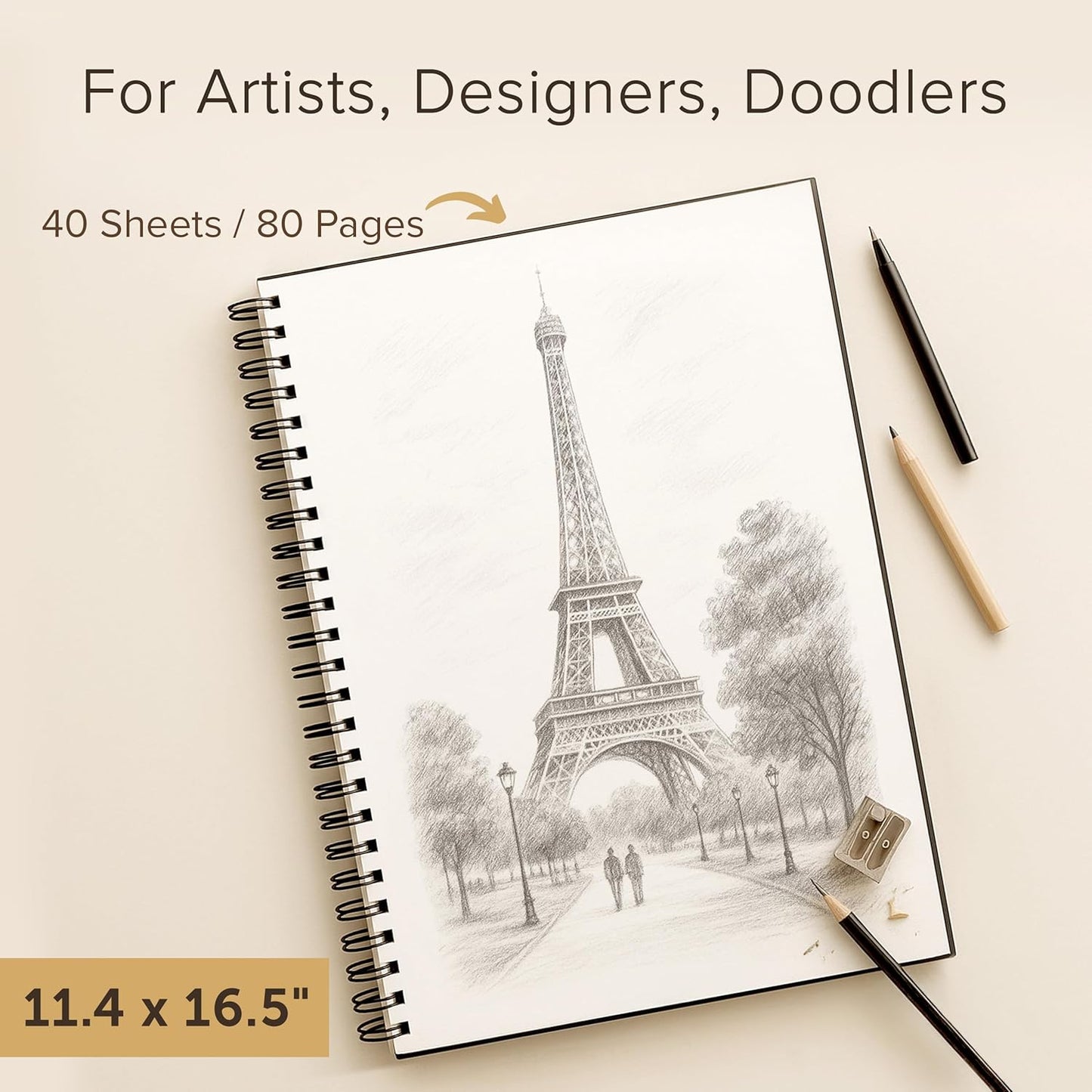 Artist’s Sketchbook Hardcover – 200GSM Very Thick Paper – Large, Spiral Sketch Book for Drawing and Mixed Media – Sketch Pad, Art Book - 11.4 x16.5, 40 Sheets / 80 Pages