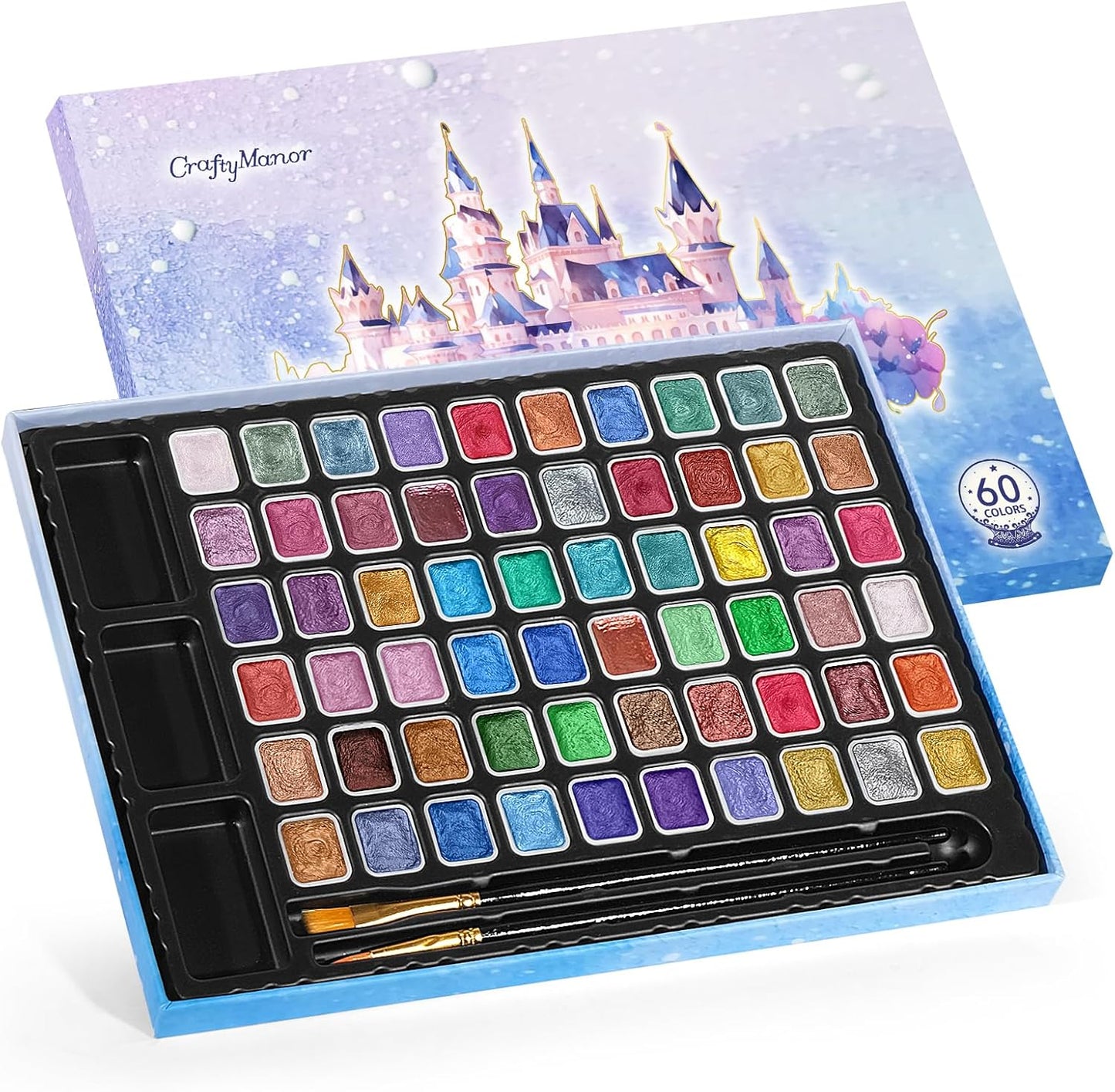 Mini Glitter Watercolor Paint Set with Paper, 60 Colors Shimmer Metallic Watercolour Painting Sets, Solid Pearl Water Color Paints for Adult, Kids, 1ml Trial Package(1ml 60 Colors)