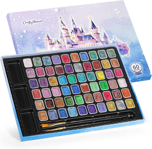 Mini Glitter Watercolor Paint Set with Paper, 60 Colors Shimmer Metallic Watercolour Painting Sets, Solid Pearl Water Color Paints for Adult, Kids, 1ml Trial Package(1ml 60 Colors)