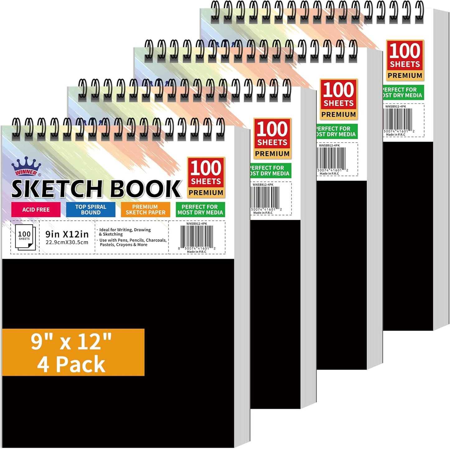 WINNER 9" x 12" Sketch Book 4 Pack, 400 Sheets Spiral Bound Art Sketchbook, 68lb/100gsm White Acid Free Drawing Pad, Painting Drawing Writing Sketch Pad, Art Supplies for School, Kids, Adults &Teens