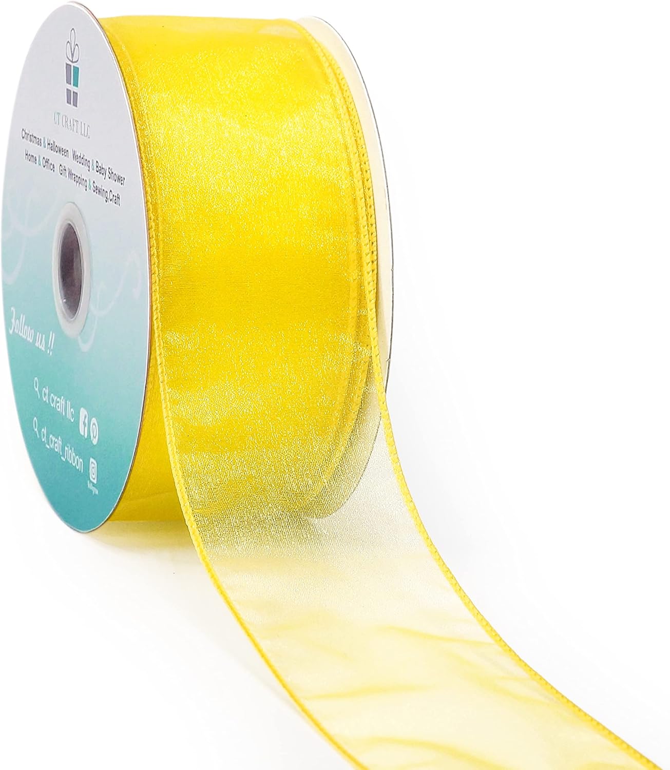 CT CRAFT LLC Sheer Organza Wired Ribbon 2.5" x 50Yards Yellow for Wedding Chair Bow Flora Bouquet Gift Wrapping Christmas Tree Home Decor Wreath