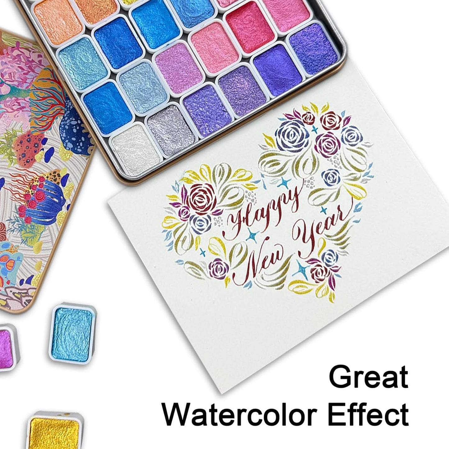 Mini Shifting Watercolor Paint Set, 30 Color Glitter Watercolor Painting Kit, Metallic Watercolor Paints, Solid Water Colors Paint Adult Set, Detail Paint Brush Included, for Artists