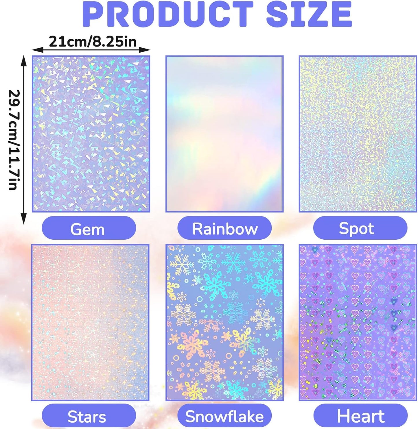 36 Sheets Holographic Sticker Paper Clear A4 Vinyl Sticker Paper Self Adhesive Waterproof Transparent Film Gem Rainbow Star Patterns, 11.7 x 8.3 Inch (Gem,Rainbow,Spot,Star,Snowflake,Heart)
