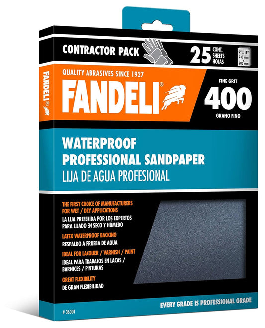 Fandeli | Waterproof Sandpaper | 400 Grit | 25 Sheets 9'' x 11'' | For for Plastic, Lacquer, Varnish, and Pain | Water Resistant