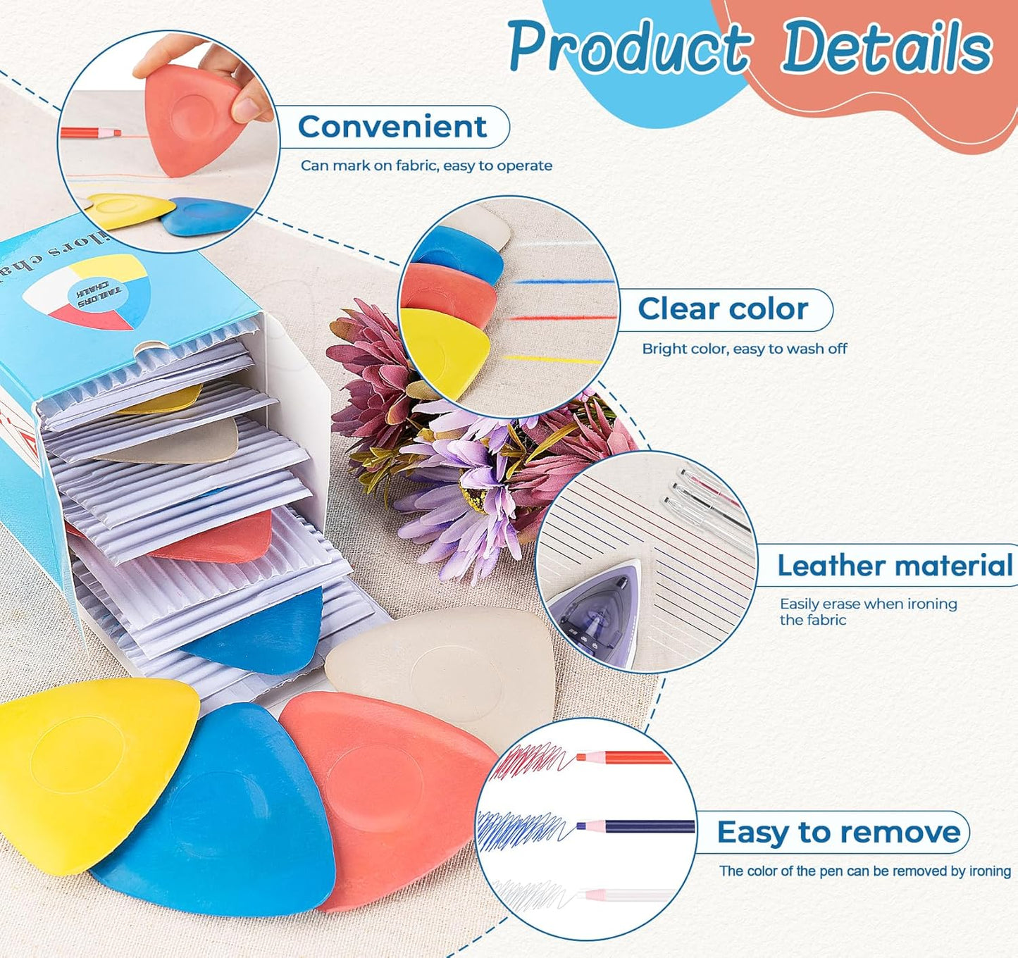 StiVerse 49 pcs Tailors Chalk Kit, 10 pcs Sewing Chalk, Fabric Chalk Markers for Sewing, Heat Erasable Pens, Sewing Clips, Sliding Gauge for Quilting, Sewing Supplies for Quilting, Dressmaking