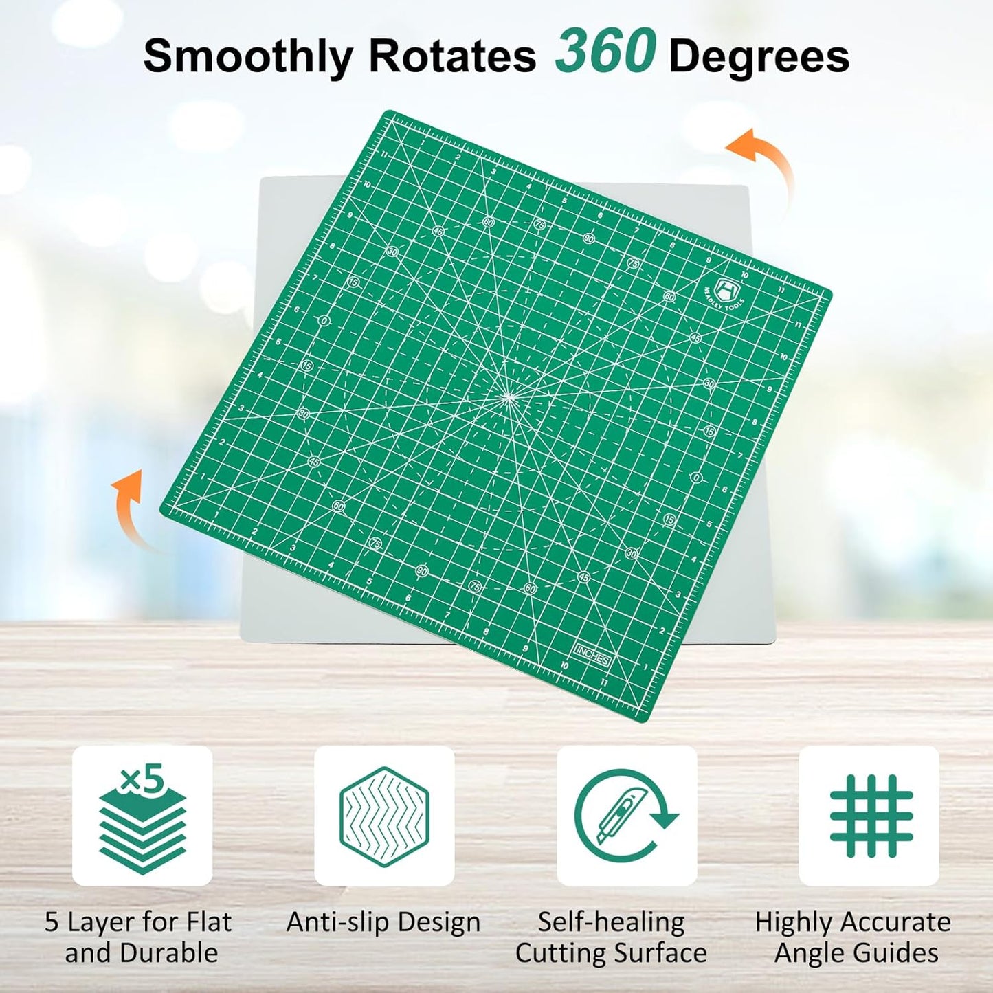 Headley Tools 12"x12" Rotating Cutting Mat, Self Healing Mat with 360-Degree Rotation & Anti-Slip Base, Sewing Board Cutting Mat Perfect for Fabric Quilting Leather Hobby Project, Green