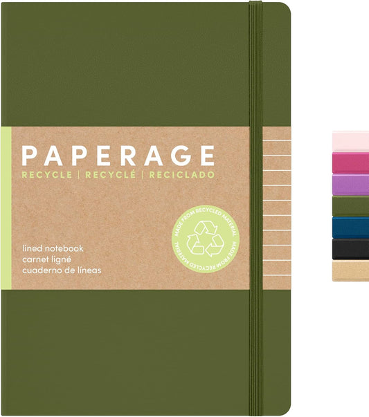 PAPERAGE Recycled Lined Journal Notebook, (Olive), 160 Pages, Medium 5.6 in x 8 in - 100 GSM Thick Paper – College Ruled, Hardcover Journaling Notebook for Work, School & Note Taking