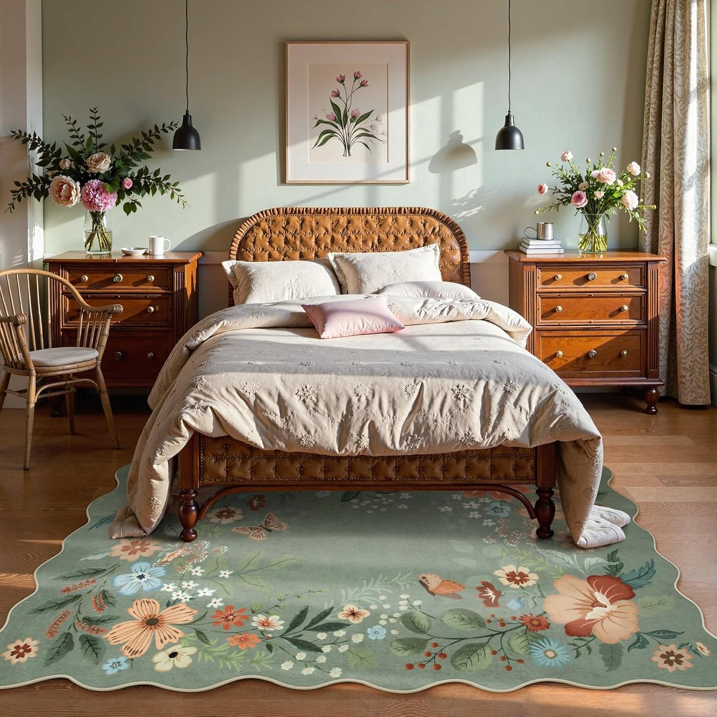 Beeiva Washable Rugs 5x7 - Scalloped Floral Printed Soft Non Slip Green Rug for Bedroom Under Bed Boho Living Room Rugs Ultra-Thin Low Pile Carpet for Playroom Dining Room Dorm(Green,5x7ft)