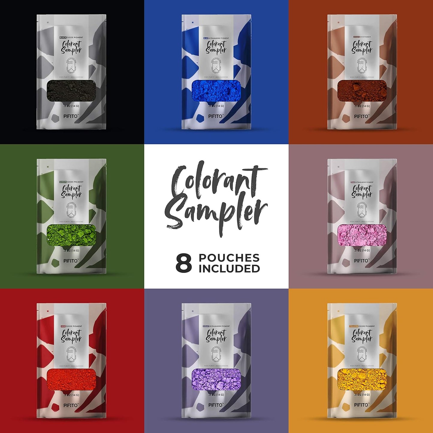 Pifito Oxide Pigment Colorants Sampler - 8 Beautiful Colors for Soap Making Supplies (.25 oz ea) - Red, Blue, Yellow, Pink, Green, Brown, Black, Violet - Bath Bombs Coloring Powder