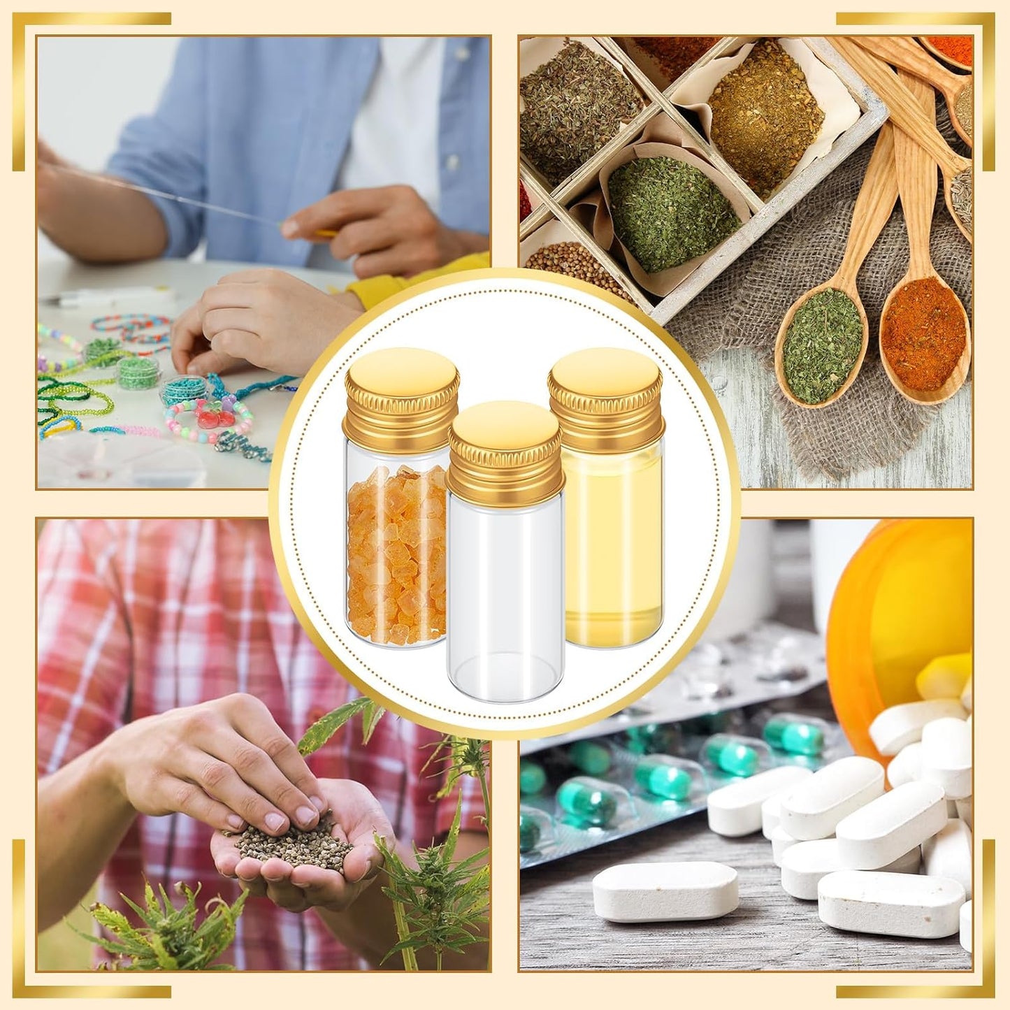 100 Pcs Small Clear Vials Spice Mini Jars with Lids Mini Glass Bottles with Screw Aluminum Metal Caps Tiny Jars Sample Containers for Powder Cream Cosmetic Jewelry Wedding(10 ml,Gold Caps)