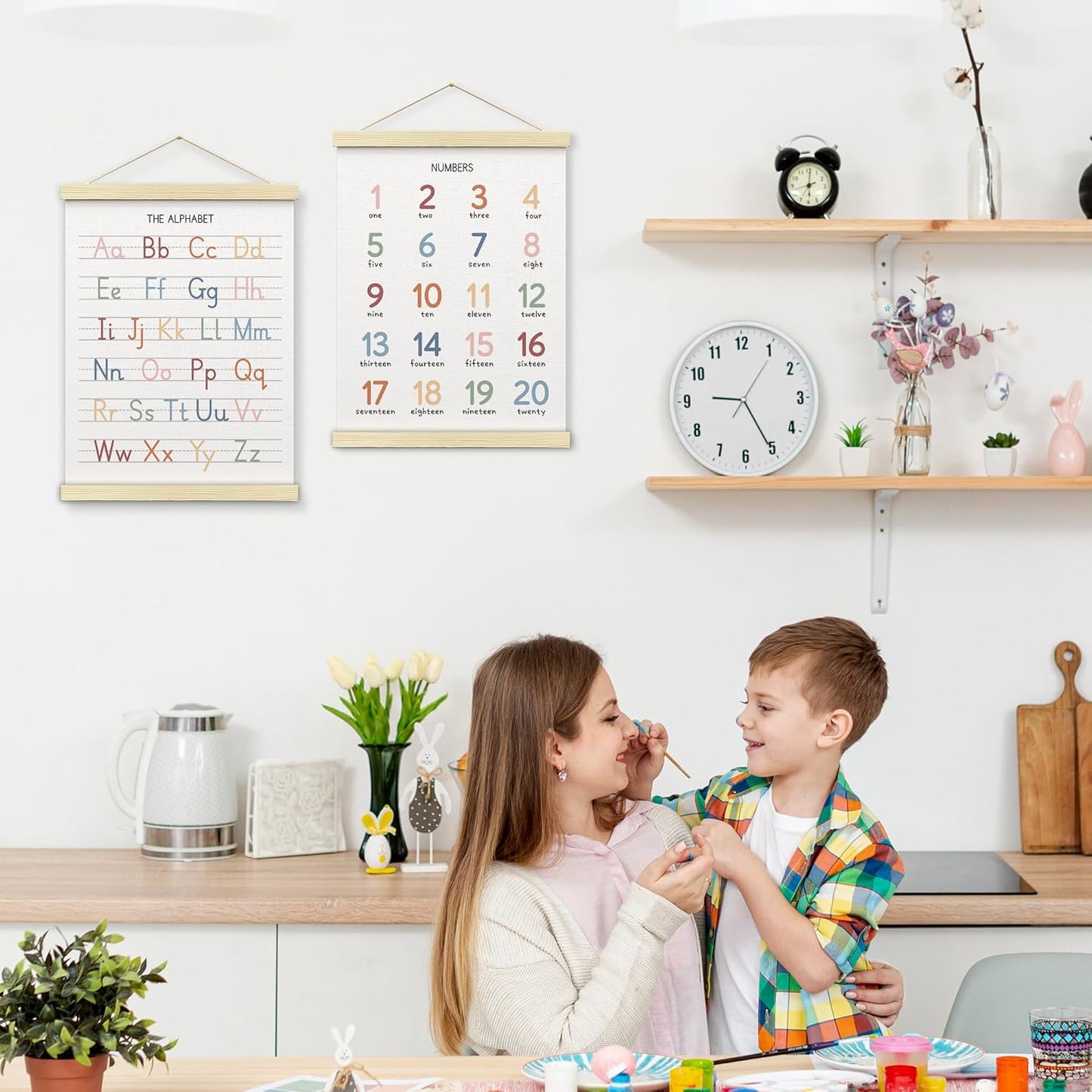 BONETAT Numbers alphabet poster for Nursery Toddlers, Play Room Wall Decor, ABC Wall Chart, Wall Hanging Decor for Toddler Playroom Decor Kids Wall Decor, Wooden Alphabet Banner-A02