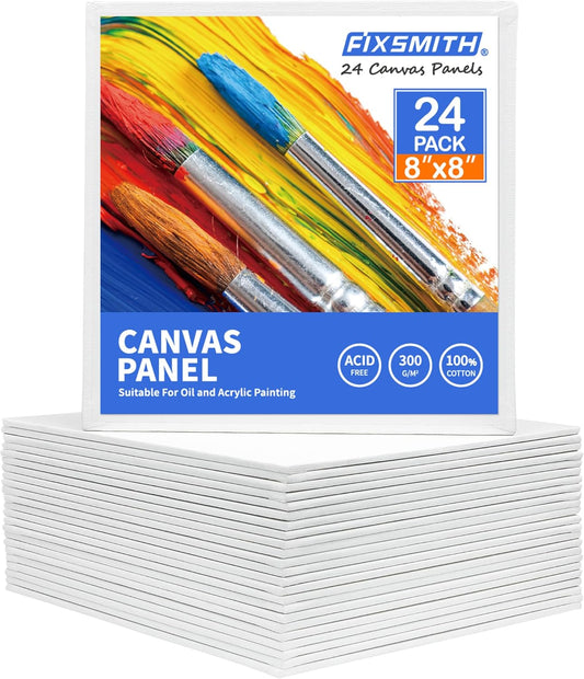 FIXSMITH Canvas Boards for Painting 8x8 Inch, Super Value 24 Pack Paint Canvases, White Blank Canvas Panels, 100% Cotton Primed, Painting Art Supplies