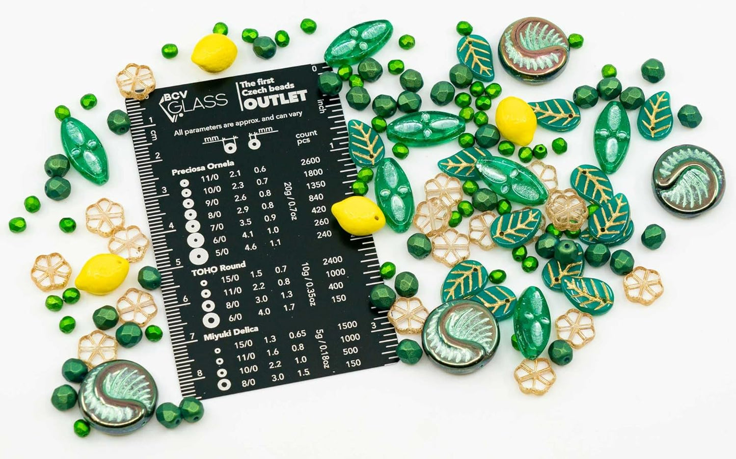 2.1oz (60g) of Focal Czech Glass Bead Mix with Lemon Shaped Beads, Seashel Beads and Leaf Beads, Emerald