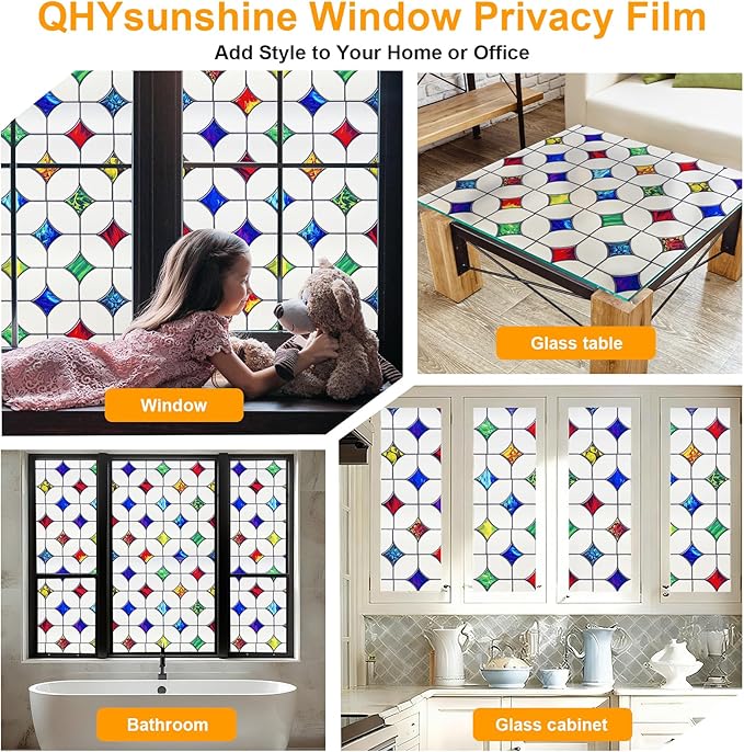 Stained Glass Window Film - Non-Adhesive Colorful Privacy Film | Privacy Protection, Reusable & Renter Friendly | Perfect for Bedroom/Bathroom Room Decor(Frosted Mosaic, 17.5 X 157.4 in)