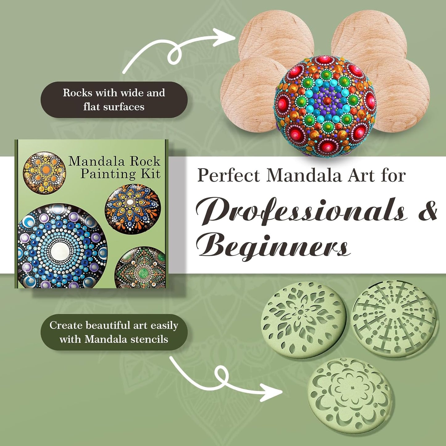 Mandala Rock Painting Kit - Mandala Dotting Tools Kit - 5 Large Wooden Rocks for Painting with Stencil Supplies, Dotting Tools for Paint Rocks - Dot Art and Crafts for Adults