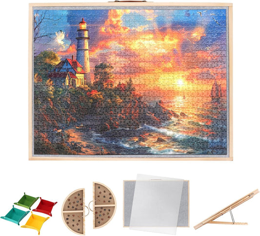 2 in 1 Rotating Tilting Puzzle Board with Drawers, 1500 Piece Jigsaw Puzzle Board with Protective Cover 4 Wheels 4 Sorting Trays, Puzzle Table for Puzzle Lovers, 35 X 27 Inch