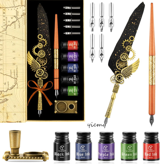 Feather Pen and Ink Set Calligraphy Kit for Beginners with Quill Pen, Antique Vintage Stationary Set for Writing, Signing & Hand Lettering Art