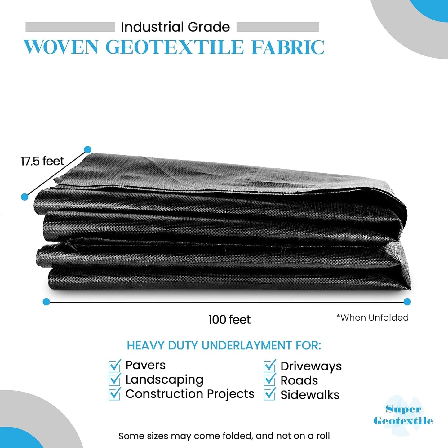 Woven Geotextile Fabric for Driveway and Road Stabilization, Construction Underlayment, Erosion Control, Commercial Grade 50 Year for Gravel Roads and Pavers (17.5x100) Ships Folded