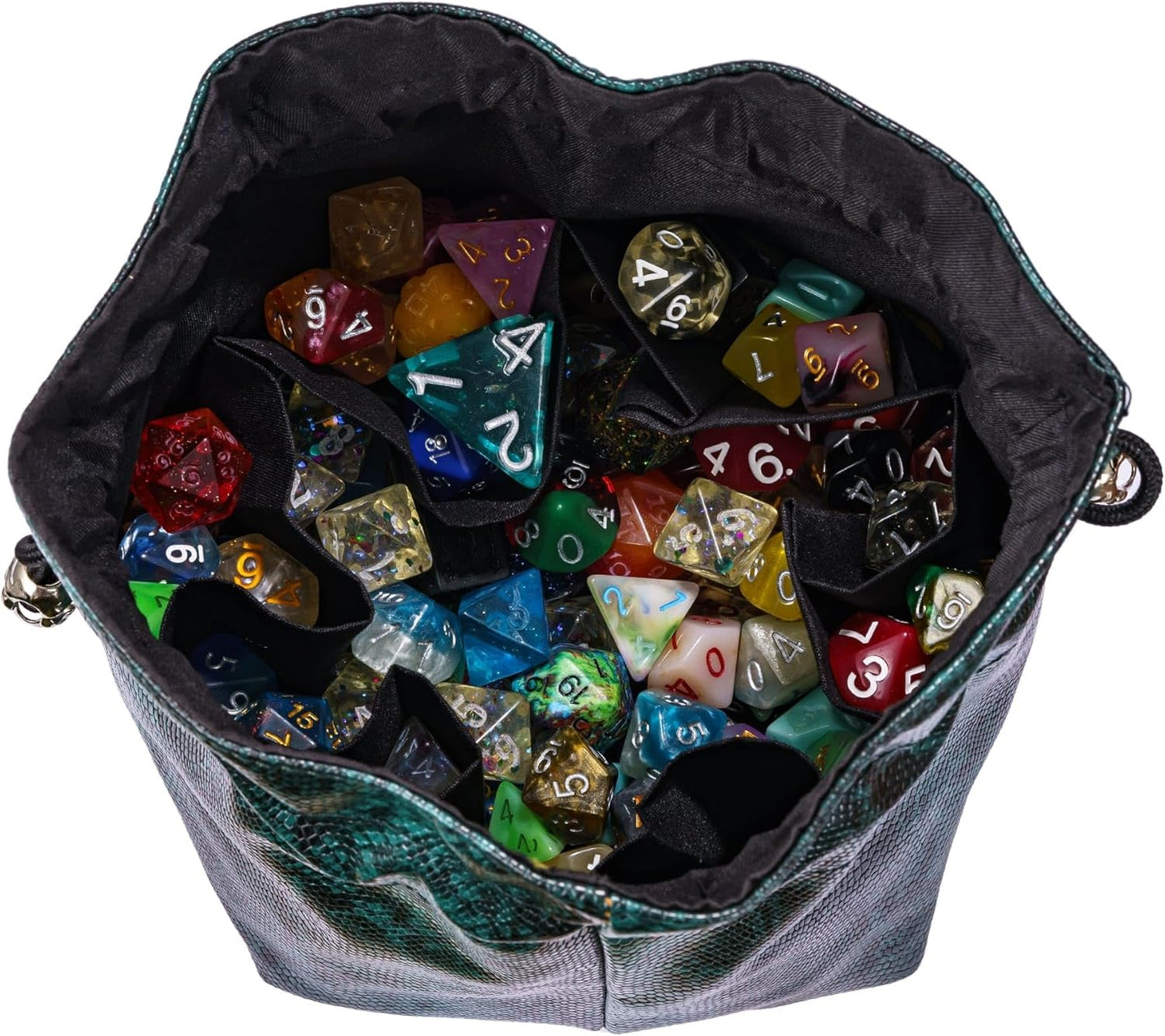 Large DND Dice Bag Leather Dice Storage Bag Dark Green D&D Drawstring Pouch with Pockets for RPG Table Games - Can Hold 200+ Polyhedral Dice