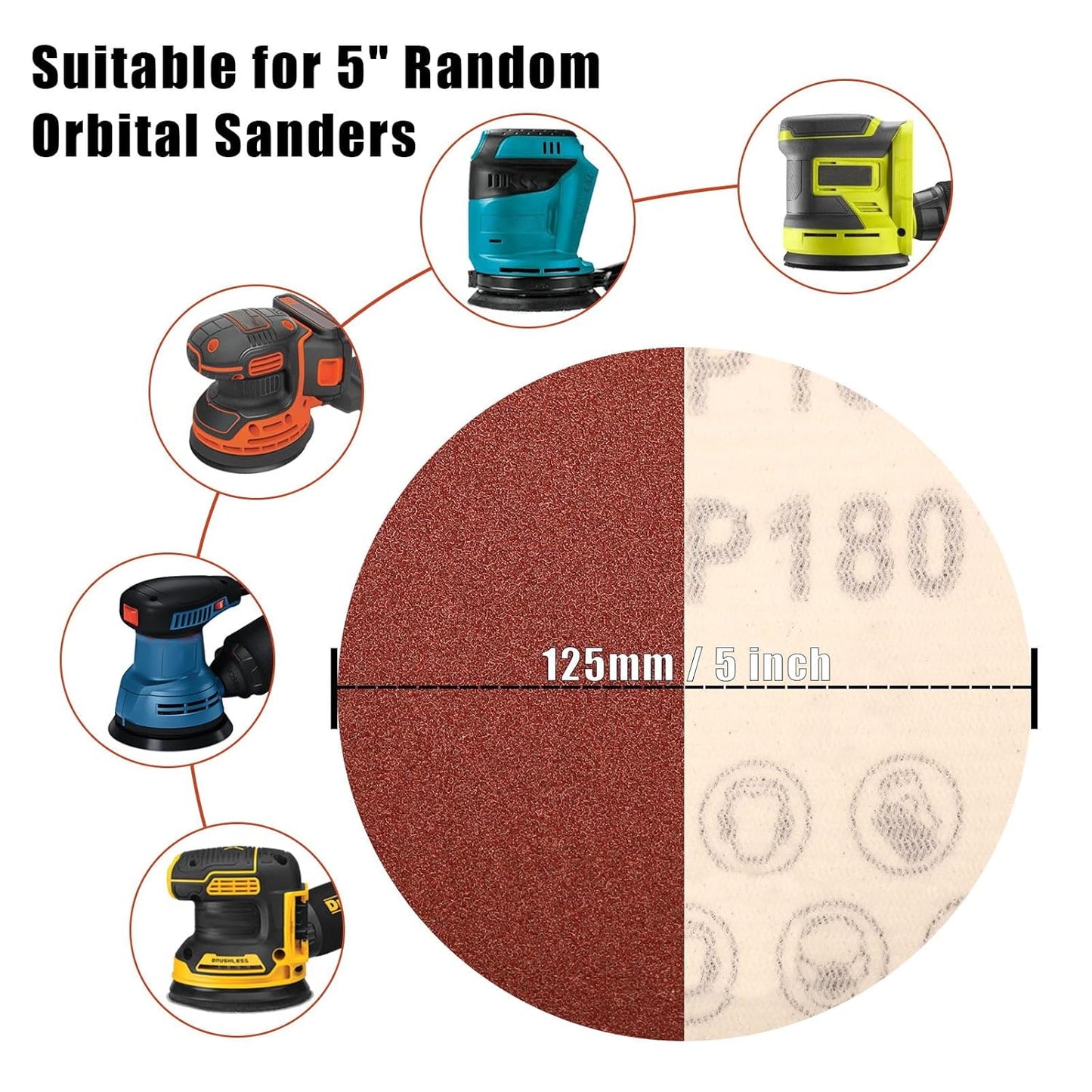 180 Grit 5 Inch Sanding Discs Hook and Loop Sandpaper, 150 PCS 8 Hole Adhesive Medium Grit Sand Paper for Random Orbital Sander