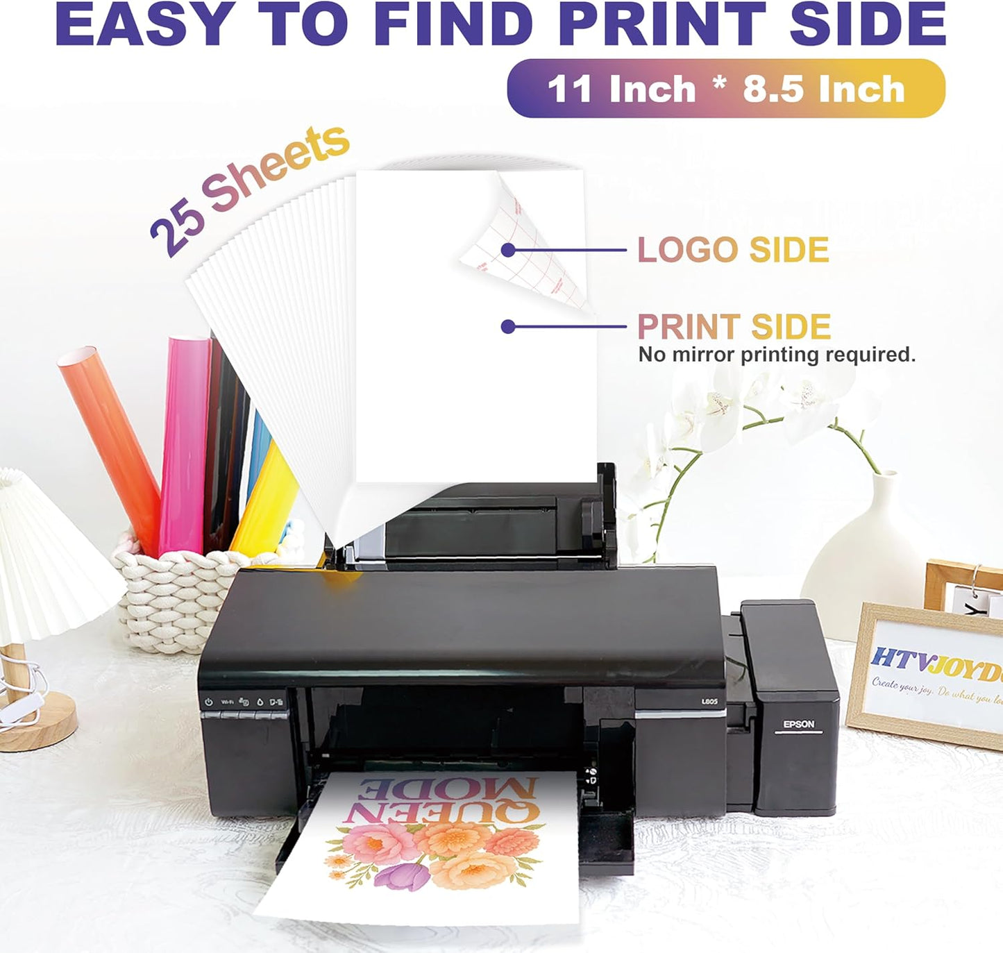 HTVJOYDO Iron-On Heat Transfer Paper for T-Shirts, 25 Sheets 8.5x11", Iron on Vinyl for Light Fabric, Printable Heat Transfer Vinyl for Inkjet Printer, Perfect for Summer Crafts