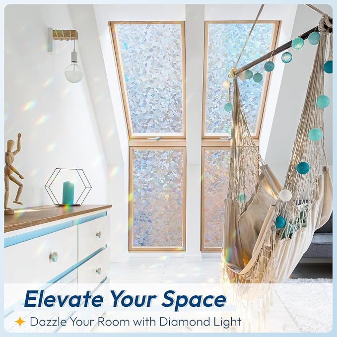 rabbitgoo Rainbow Window Privacy Film Decorative Stained Glass Diamond Pattern Window Sticker with Iridescent Tint Non-Adhesive Static Cling for Home Office Crystal Pattern, 23.6 x 78.7 inch