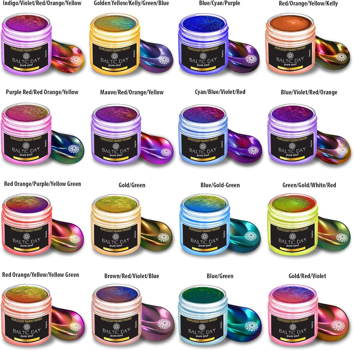 BALTIC DAY - Chameleon Mica Powder, 16 Jars of Color Shift Mica Powder Set - Epoxy Resin Color Pigment - Chameleon Powder - Holographic Mica - Resin Pigment