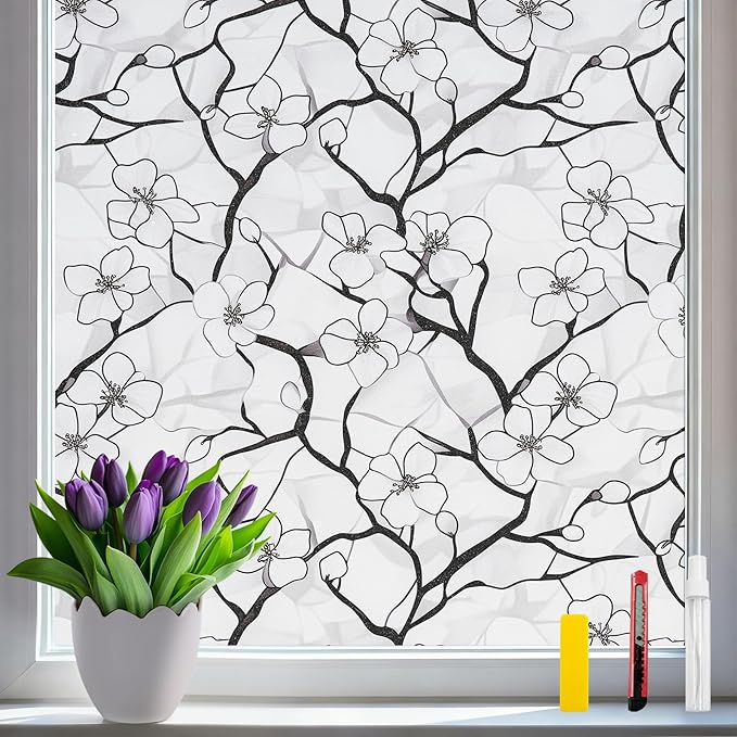 3D Rainbow Window Film Stained Glass Style Static Cling No Adhesive Privacy Decals for Home & Office Decorative Vinyl with Protection (Plum Ink Shade, 17.5 x 78.7 Inch)