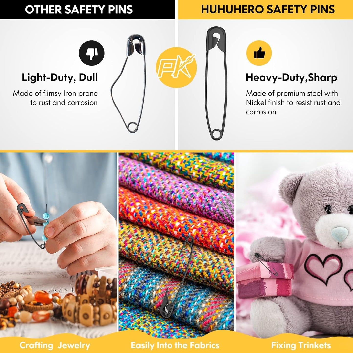 Safety Pins Assorted, 340 Pack Small & Large Heavy Duty Safety Pins for Clothes Sewing, 5 Different Sizes Pin Bulk, Arts and Crafts Supplies, Black