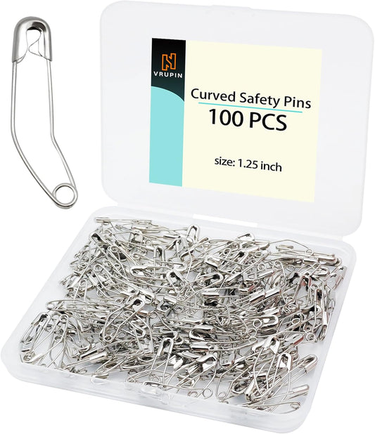 vrupin 100pcs Stainless Steel Curved Safety Pins for Quilting, Safety Pins Bulk Metal Silver Sewing Pins Clothing Clips Tool Decorative Safety pins (1.25inch)
