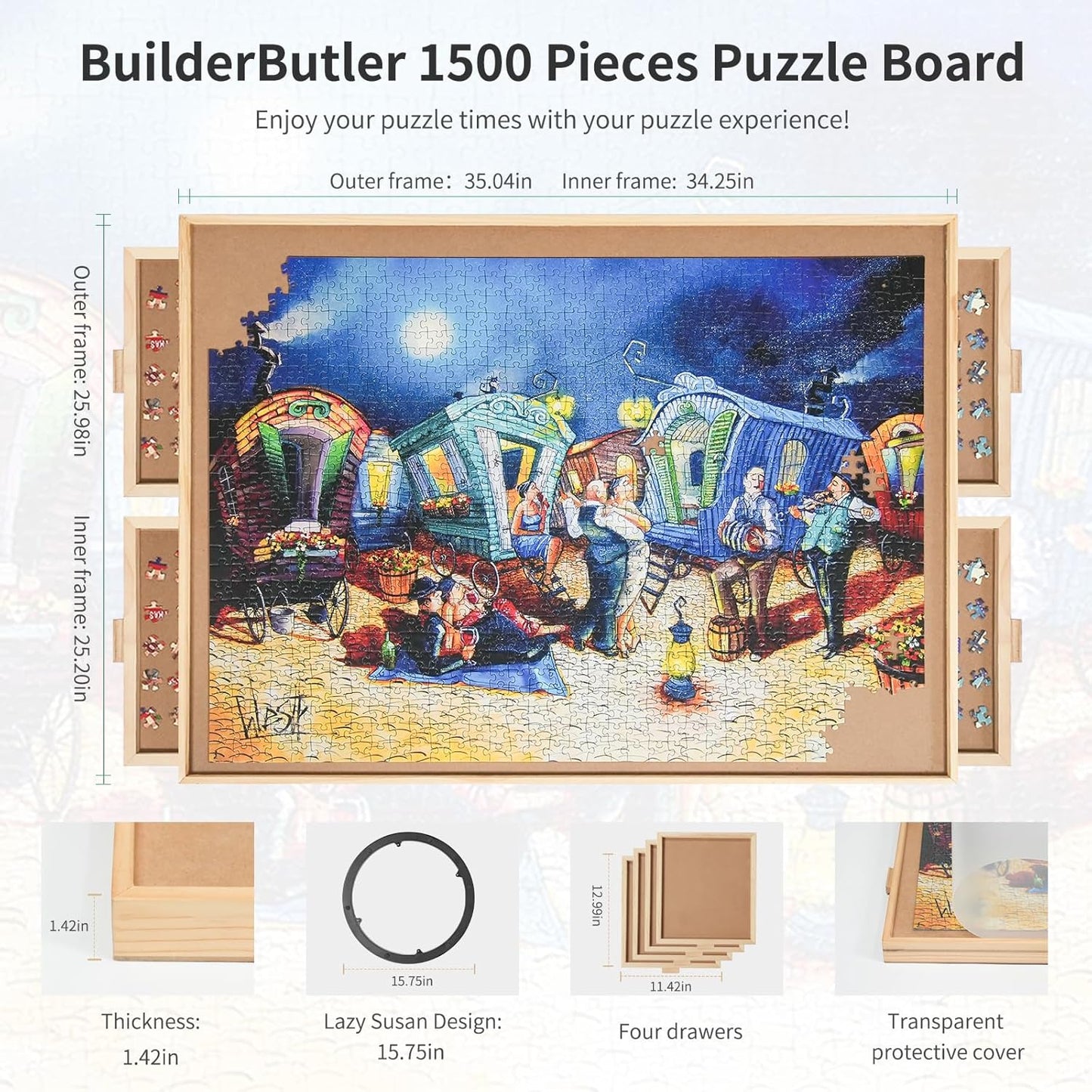 1500 Pieces Rotating Puzzle Board with 4 Drawers,34.25"x25.2" Portable Wooden Jigsaw Puzzle Table with Lazy Susan Spinning Cover for Adults