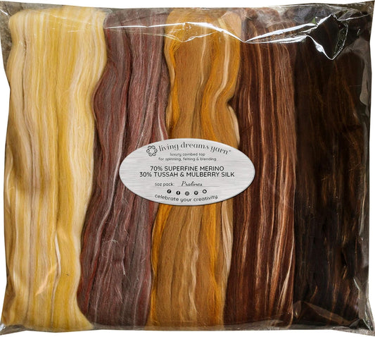 Merino Silk Luxe Tonal Designer Blend. Superfine Merino, Mulberry, Tussah Silk. Top Roving for Spinning or Felting. Pralines 5oz