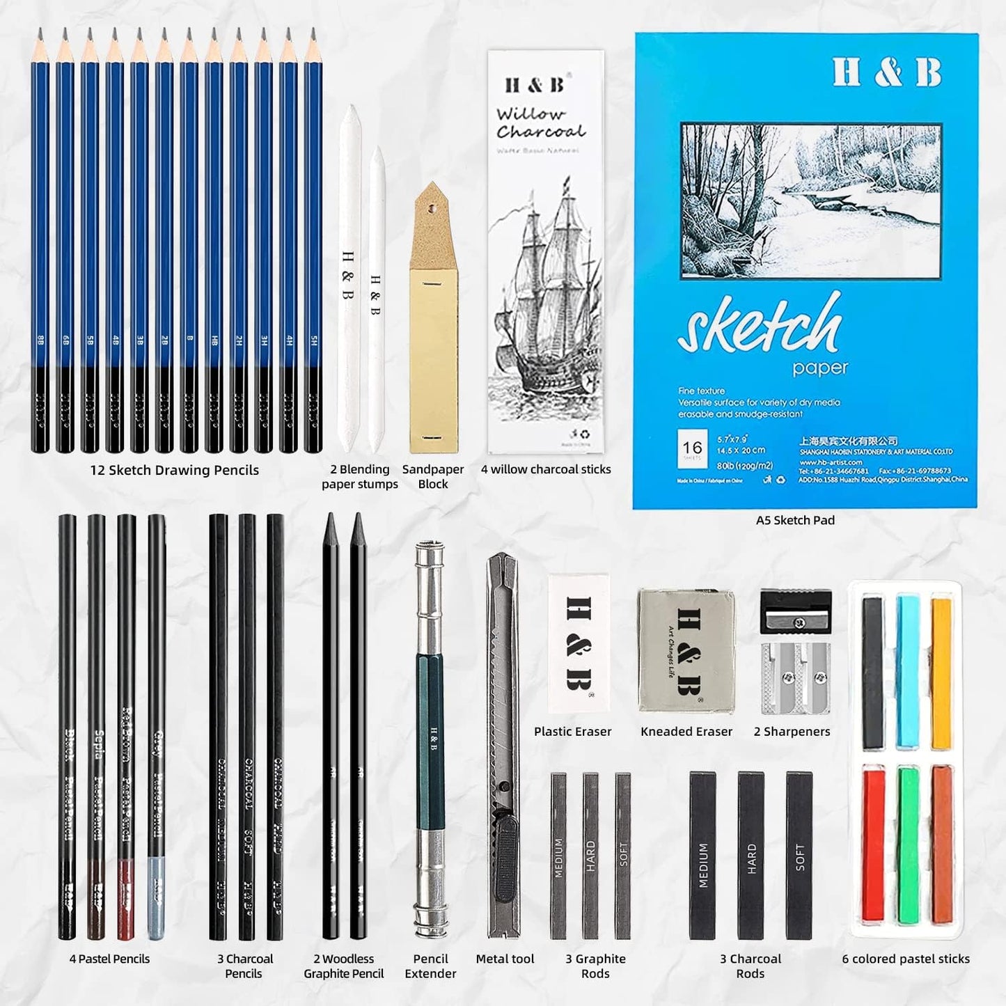 H & B 48 Professional Sketching Pencils and Drawing Kits, Including Sketching Pads, Graphite Pencils, Pencil Sharpener and Eraser, Artist's Art Supplies for Artists Beginner Adults