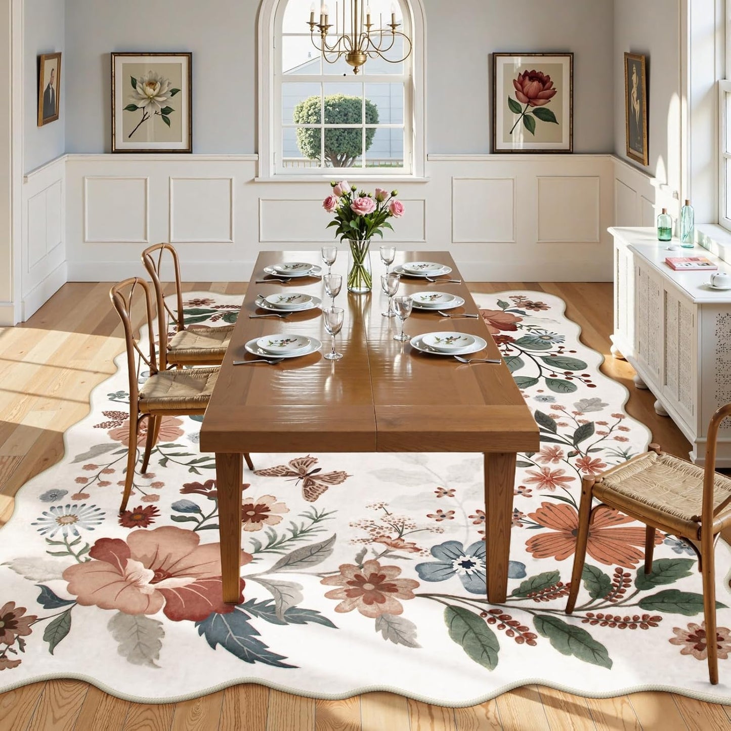 Beeiva Living Room Rugs 8x10 - Scalloped Floral Printed Soft Non Slip Washable Flower Rug for Bedroom Under Bed Boho Aesthetic Rugs Stain Resistant Large Carpet for Nursery Dorm(Beige,8x10ft)