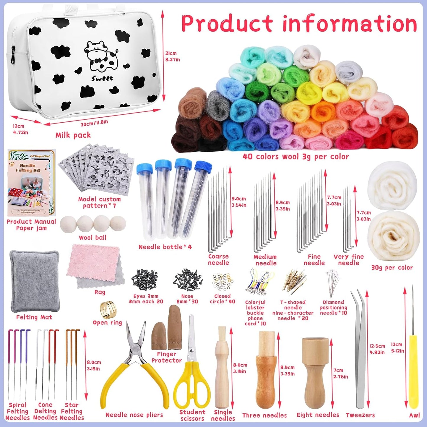 Mayboos Needle Felting Kit, 42 Colors Wool Roving Set, Needle Felting Kit with Felting Tool and Foam Mat Needle Felting Supplies for Home Decoration Felted