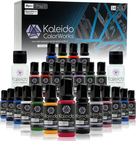 Gaahleri Kaleido Mecha 24-Color Set – Water-Based Acrylic Airbrush Paint Kit for Scale Models, Gundam, Gunpla,Mecha,Cars & Miniatures – Pre-Thinned, High Gloss, Fast-Drying, with Thinner & Cleaner