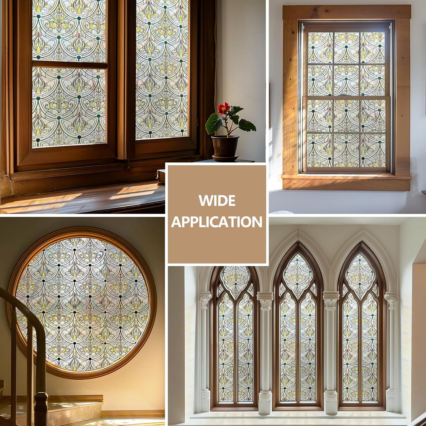 3D Stained Glass Window Film, Decorative Window Privacy Film for Bathroom,Front Door,Home, Sun Blocking Heat Control,Static Cling, Golden Ironwork 23.6inch x 70.8inch