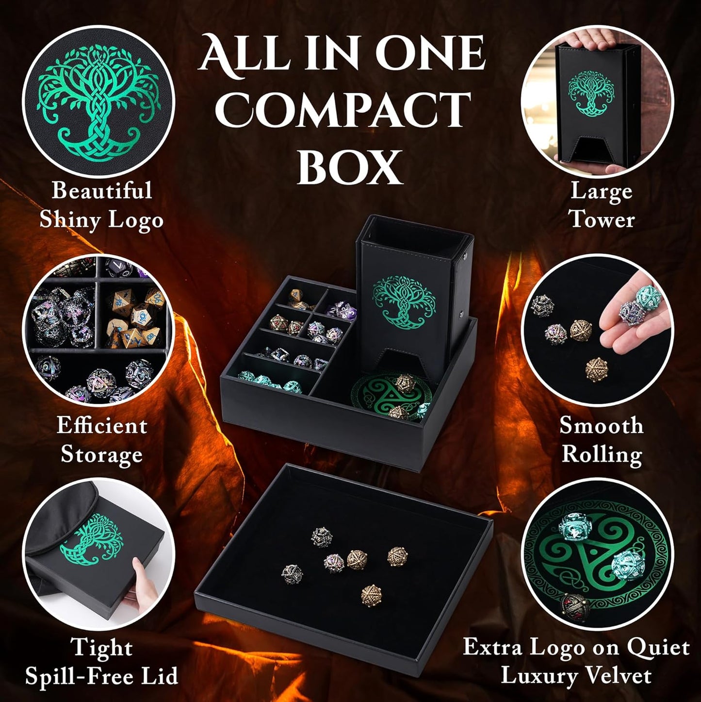Dice Tray and Dice Tower for DND and RPG - All-in-One Game Roamer Tray & Large Tower for Random Rolls - Stores Your Sets, Mini's and More Compatible with D&D (Green Tree)