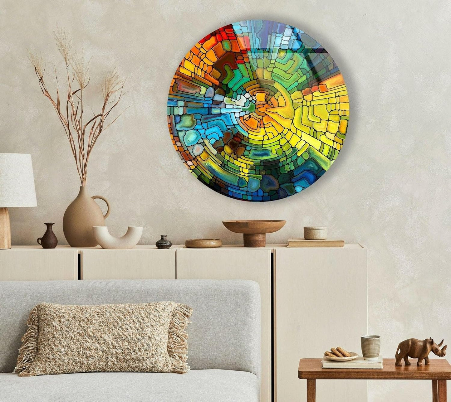 My Photostation.com 39,4''(100cm) Diameter Stained Yellow Round Glass Wall Art Tempered Glass Printing Wall Decor Large Wall Art Wall Hangings