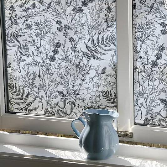 Winter Translucent Stained Window Film, Non Adhesive Floral Window Decals, Glass Door Covering Clings for Home Decorative, 16.93" W Engraved Monochrome Fern