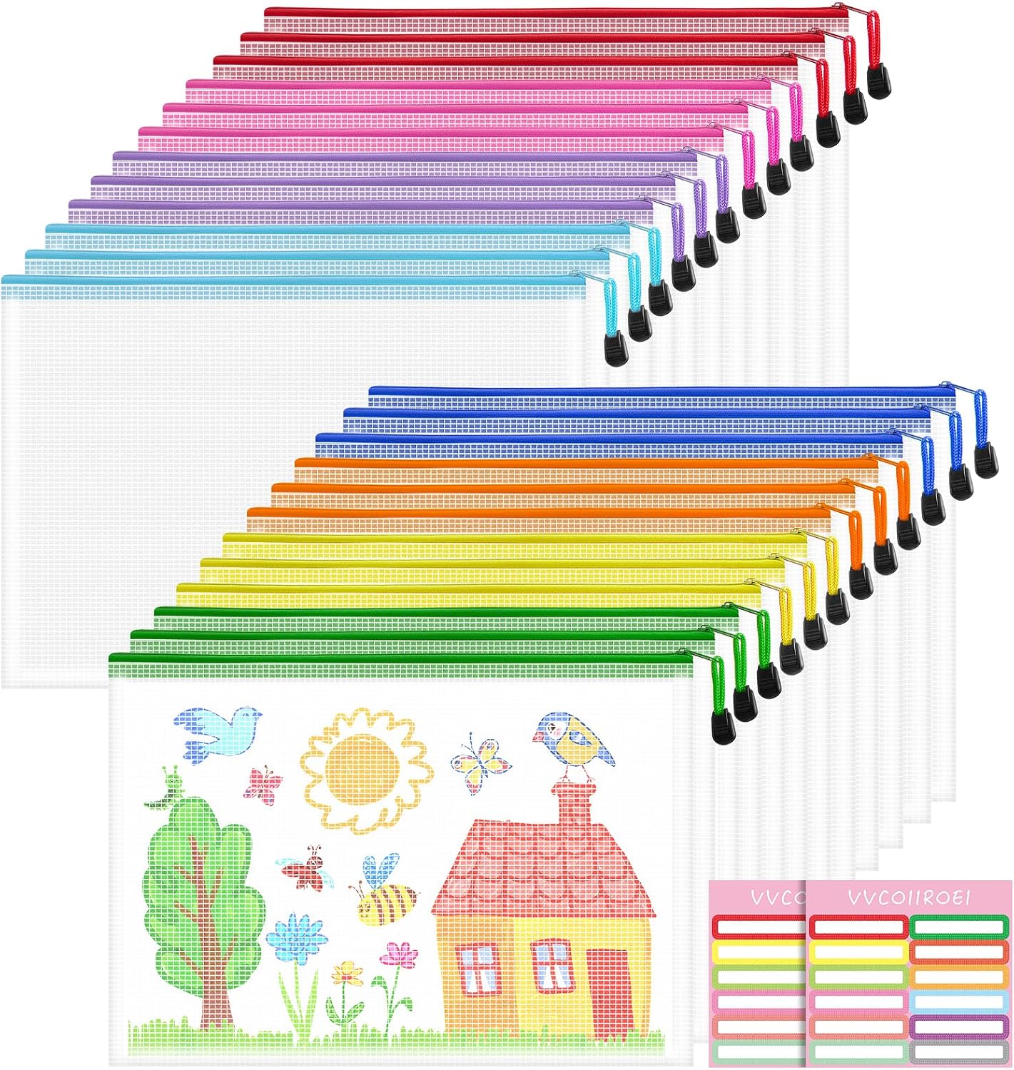 24pcs Mesh Bags With Zipper, A4 Zippered Pouch, Clear Pouches With Zipper, 8 Colors Mesh Bags, Plastic Bag, Letter Size Organization Pouches for Office, File, Toys, School