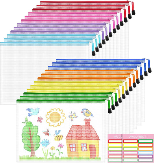 24pcs Mesh Bags With Zipper, A4 Zippered Pouch, Clear Pouches With Zipper, 8 Colors Mesh Bags, Plastic Bag, Letter Size Organization Pouches for Office, File, Toys, School