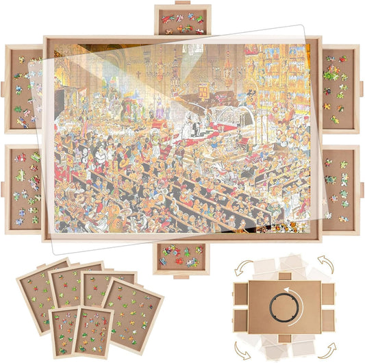 1000 Pieces Rotating Puzzle Board with 6 Drawers,30.16"x22.44" Portable Wooden Jigsaw Puzzle Table with Lazy Susan Spinning Cover