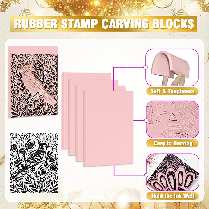 WAYCOM 18 Pcs Rubber Stamp Making Kit, Linoleum Cutter Set, Craft Ink Pad, Hobby Knife, Pencil for DIY Stamp Carving Craft