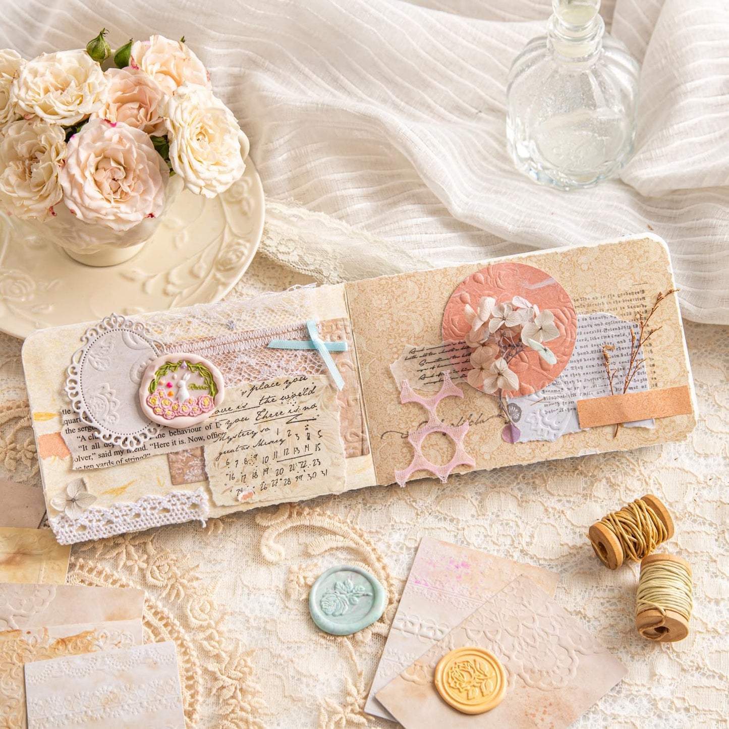 Vintage Floral Scrapbook Paper Set, 150 PCS Textured Craft Paper Kit with Glue Tape for Journaling, Scrapbooking, DIY Crafts, and Art Supplies