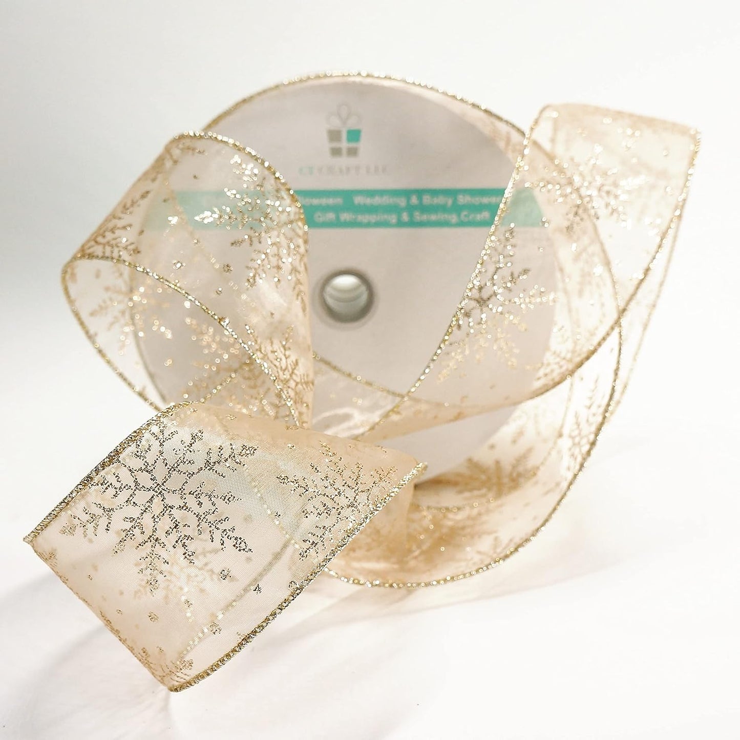 CT CRAFT LLC Organza with Champagne Gold Glitter Snowflakes Wired Ribbon 2.5 inch x 50 Yards for Christmas Home Decor Tree Topper Bow Gift Wrapping DIY Crafts Wreath Garland Wedding